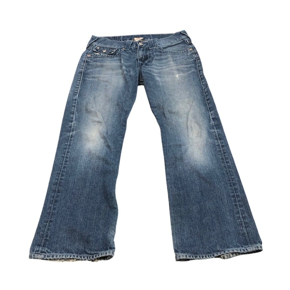 True Religion Jeans Mens 29 Blue Distressed Bootcut Low Rise Made in USA Denim